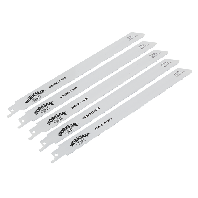 Five Sealey reciprocating saw blades, model WRS3013/250, measuring 250mm with 14 teeth per inch and ideal for cutting iron or steel, are arranged in parallel. The white blades come in a pack of five.