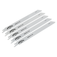 A set of five Sealey branded reciprocating saw blades, perfect for fine cuts, aligned parallel to each other. The silver blades have product codes WRS3014/150 printed on them, ensuring precision and reliability for your toughest sheet metal projects.