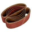 Close-up of a coiled, brown Sealey Sanding Belt 75 x 533mm with Aluminium oxide and a rough texture, 40 grit (pack of 10 - WSB5340), used for sanding or grinding surfaces in woodworking applications, isolated on a white background.