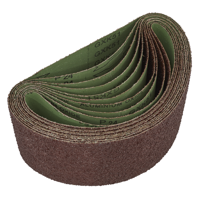 A coiled roll of Sealey Sanding Belt 100 x 610mm 24 Grit with green inner surfaces, labeled "GXK51" and "ALUMINIUM OXIDE P24," perfect for use in portable belt sanding machines, available in a pack of 5 (WSB61245).