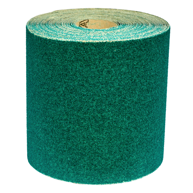 A large roll of green sandpaper, the Sealey Production Sanding Roll 115mm x 10m - Coarse 60Grit - WSR1060, featuring a durable aluminium abrasive, is displayed against a white background.