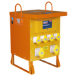 The Sealey 110V 10kVA Single Phase Site Transformer (WST10000) is a robust electrical power distribution unit in yellow and orange, equipped with multiple 110V outlets. It features an integrated 110V transformer and convenient top handles. Additionally, it boasts an IP44 rating for enhanced protection in diverse environments.
