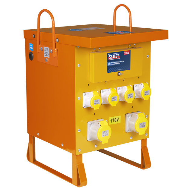 The Sealey 110V 10kVA Single Phase Site Transformer (WST10000) is a robust electrical power distribution unit in yellow and orange, equipped with multiple 110V outlets. It features an integrated 110V transformer and convenient top handles. Additionally, it boasts an IP44 rating for enhanced protection in diverse environments.