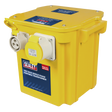 The Yellow Portable Transformer 5kVA - WST5000 from Sealey is a 110V, single-phase unit featuring thermostatic overload protection, a handle, and two plug sockets with clear product branding. It is IP44 rated for enhanced safety and durability.