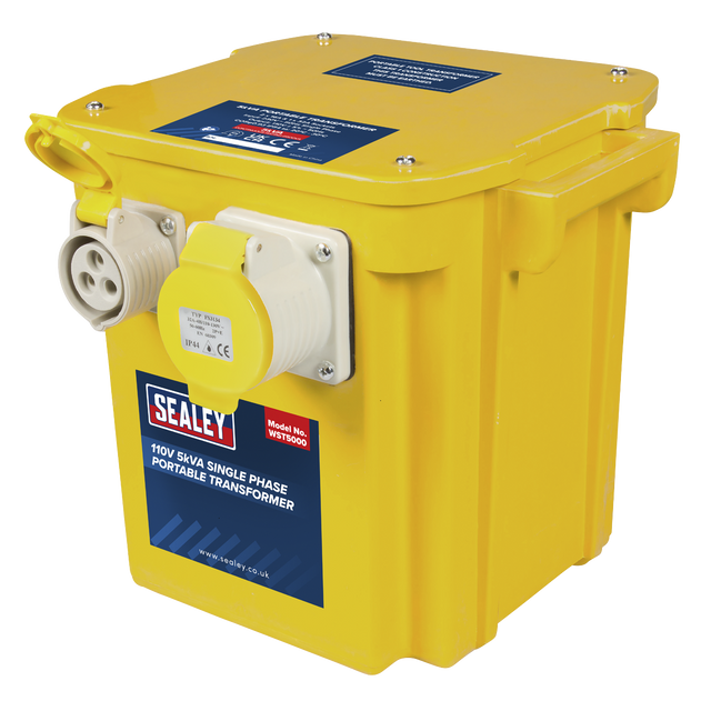 The Yellow Portable Transformer 5kVA - WST5000 from Sealey is a 110V, single-phase unit featuring thermostatic overload protection, a handle, and two plug sockets with clear product branding. It is IP44 rated for enhanced safety and durability.