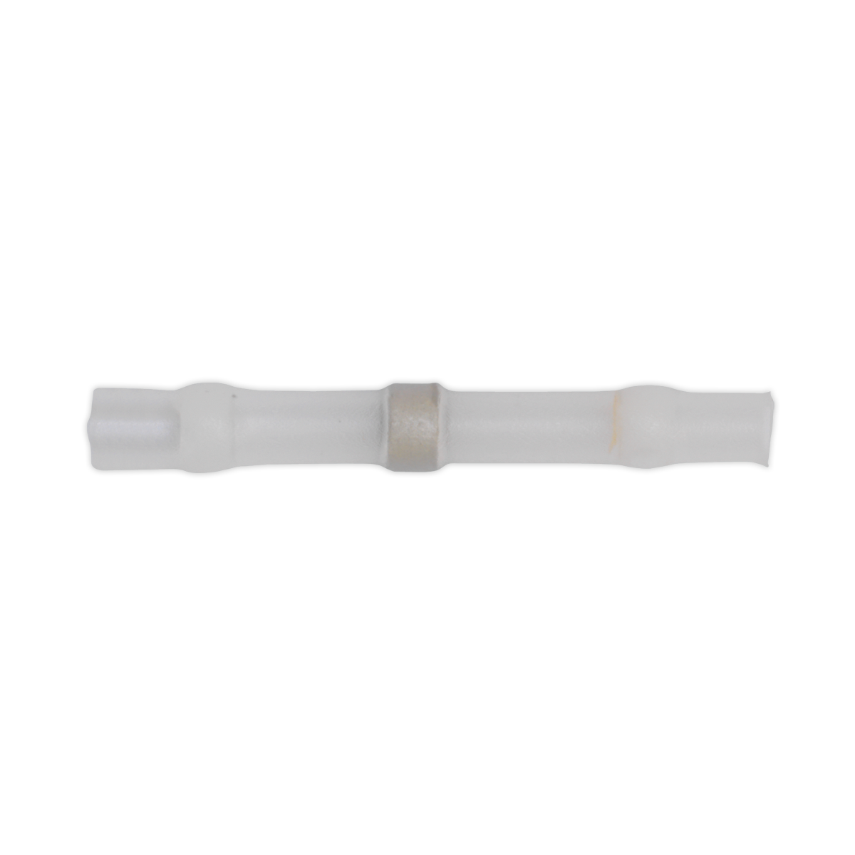 The Sealey Heat Shrink Butt Connector Solder Terminal (WTSSB25) is a cylindrical, transparent plastic connector with a central metal band, designed for connecting electrical wires and compatible with cable sizes 24-22 AWG. This product comes in a pack of 25 and is available in white.