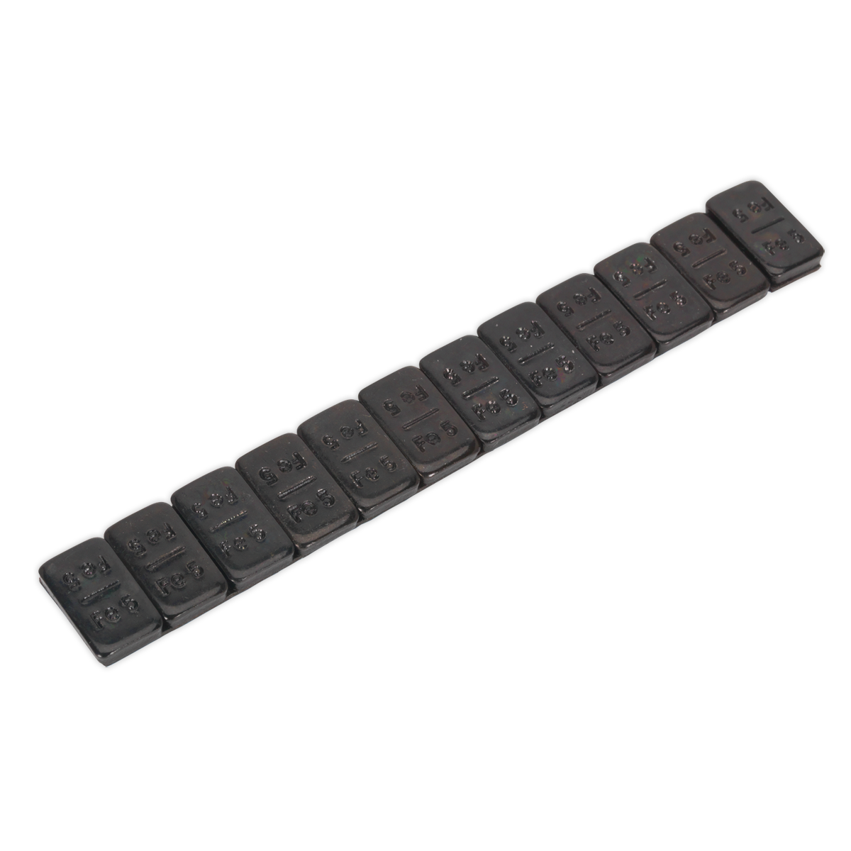Image of a Sealey Wheel Weight 5g Adhesive Zinc Plated Steel Black Strip of 12 (Pack of 50 - WWSA5B), similar in appearance to a Braille strip with multiple cells and raised dots, designed to adhere securely to alloy rims for use by the visually impaired.