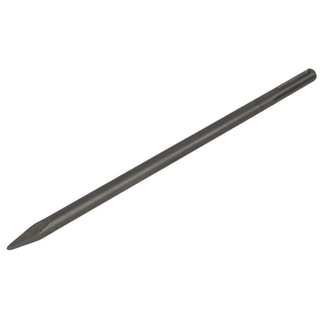 The Sealey Point 450mm - SDS MAX - X3PT is a heavy-duty metal chisel with a sharp point and cylindrical shaft, specifically designed for construction or demolition work.