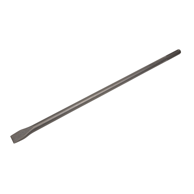 The Chisel 600mm - SDS MAX - X4CH by Sealey is a long metal chisel featuring a flat, tapered blade that measures 20mm in width, ideal for heavy-duty chiseling and demolition work.