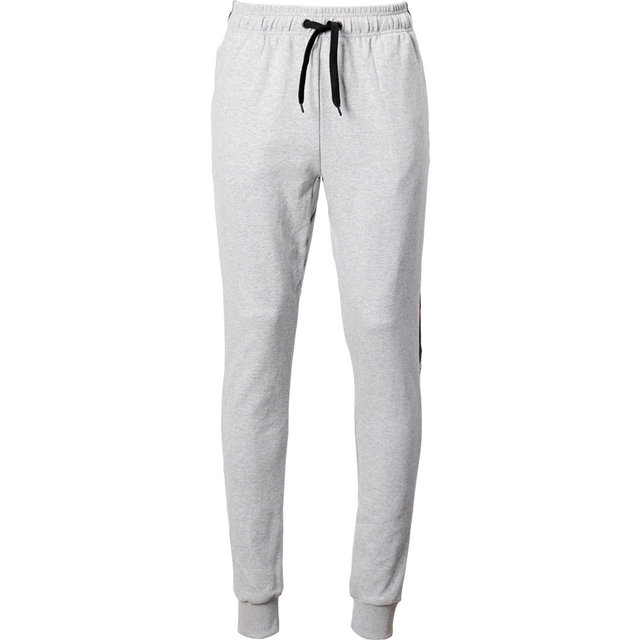 Here is the revised sentence using the given product data:
The AGCO Massey Ferguson Unisex Tracksuit Pants (X993532208) are light gray with a black drawstring, an elasticated waistband, and feature black stripes at the ankle cuffs.