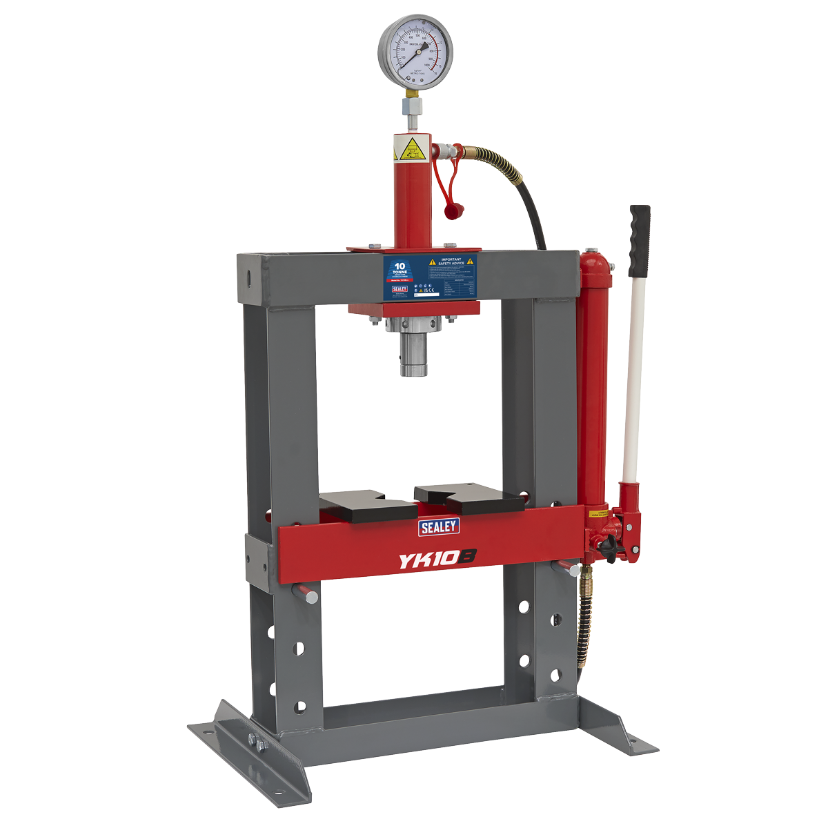 The Sealey Hydraulic Press 10 Tonne Bench Type - YK10B, in red and gray and constructed from high-quality steel, features a pressure gauge on top and a long lever handle on the side.