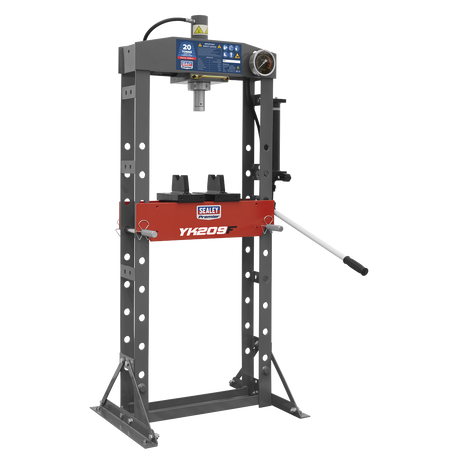 The Sealey Hydraulic Press 20 Tonne Floor Type, labeled "YK209F," features a red base, a pressure gauge, and a long operating handle on the right side. It also boasts a heavy-duty steel frame for added durability.