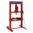 The Sealey Hydraulic Press 5.4 Tonne Economy Bench Type - YK6ECB features a red frame, a pressure gauge, corrosion resistance, a white handle on the right side, and a sturdy base with supporting legs.