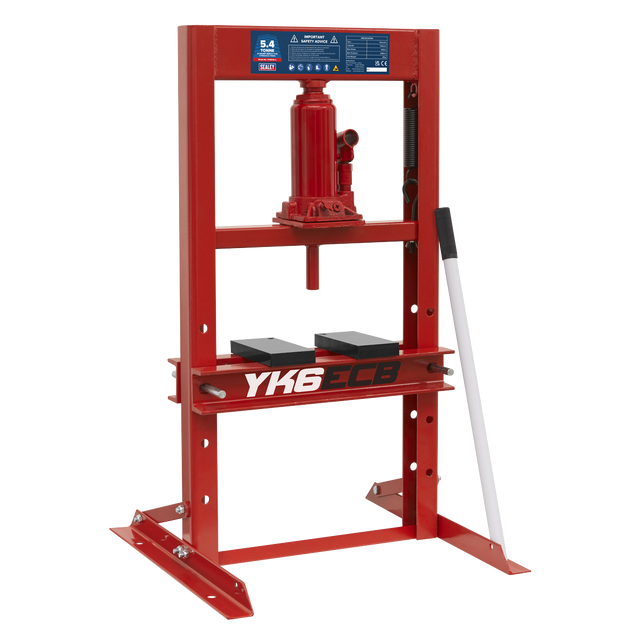 The Sealey Hydraulic Press 5.4 Tonne Economy Bench Type - YK6ECB features a red frame, a pressure gauge, corrosion resistance, a white handle on the right side, and a sturdy base with supporting legs.