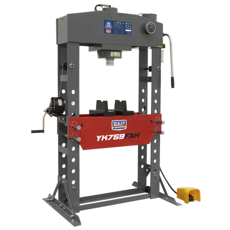 The Sealey Air/Hydraulic Press 75 Tonne Floor Type with Foot Pedal, model number YK759FAH, features a grey and red heavy-duty steel frame. It is equipped with a control panel, lever, and foot pedal for user convenience. This machine offers 2-speed manual operation for precise control.