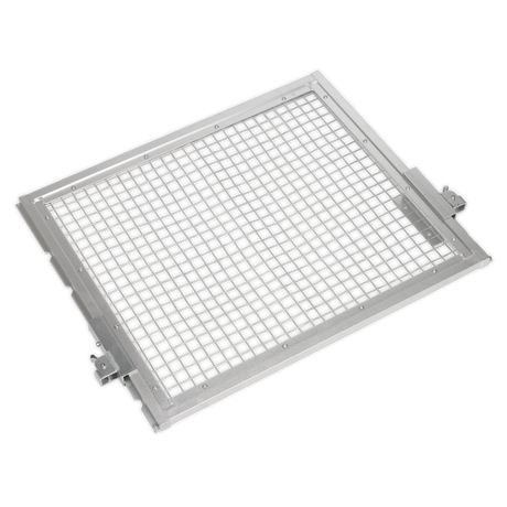 The Safety Guard for YK759F & YK759FAH - YKSG75 by Sealey is a rectangular metal wire mesh screen with a lightweight aluminum frame, commonly used for filtering or ventilation purposes. It includes spring-loaded locking clips for secure installation and can be fitted with an adjustable guard for added protection.