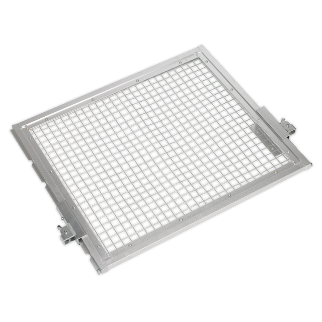 The Safety Guard for YK759F & YK759FAH - YKSG75 by Sealey is a rectangular metal wire mesh screen with a lightweight aluminum frame, commonly used for filtering or ventilation purposes. It includes spring-loaded locking clips for secure installation and can be fitted with an adjustable guard for added protection.