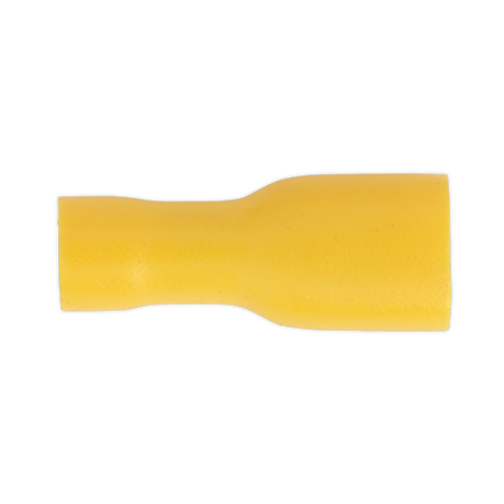The Sealey Fully Insulated Terminal 6.3mm Female Yellow Pack of 100 - YT11 is a cylindrical, yellow color-coded connector with open ends for 12-10 AWG cables, used for electrical wire connections.