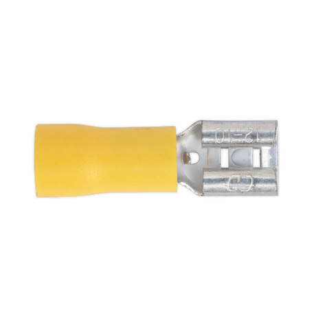 A close-up of the Sealey Push-On Terminal 6.3mm Female Yellow (Product Code: YT13), which is colour-coded for easy identification, featuring crimp terminations and designed for AWG 12-10 cables. Pack of 100 included.