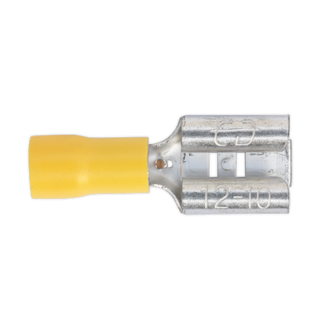 Close-up of a Sealey Push-On Terminal 9.5mm Female Yellow (YT14), colour-coded yellow and silver, marked "12-10" for cable sizes AWG 12-10. Pack of 100.