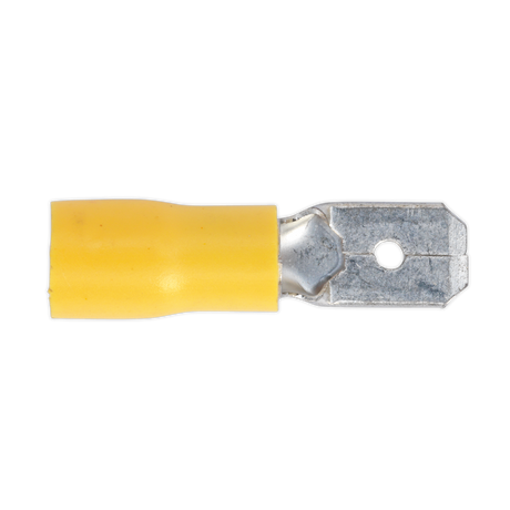 The Sealey Push-On Terminal 6.3mm Male Yellow Pack of 100 (YT15) is a colour-coded yellow insulated metal terminal connector with a hole in the metal section, suitable for cable sizes 12-10 AWG.
