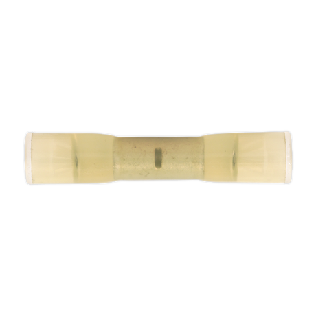 The Sealey Cold Seal Butt Connector in yellow (Ø5.9mm) from the YTCS10 pack is a transparent, cylindrical connector with visible metal inside, designed for joining two wires in a single step.