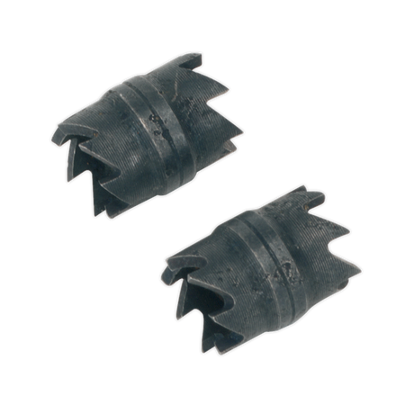 Two cylindrical mechanical components with a dark finish, featuring multiple notches and a slightly ridged surface. The Spot Weld Cutter Crown Pack of 2 - Z1C2 units from Sealey come equipped with double-sided cutter crowns for enhanced precision.