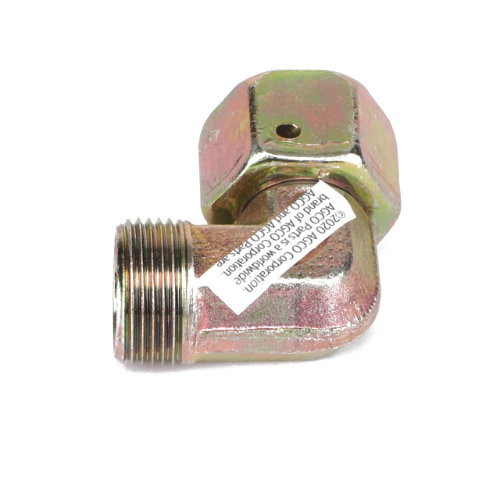 The AGCO Elbow Union - D45264100 is a metal pipe fitting with an elbow joint and threaded ends, featuring a label with text. No current product description information is available.
