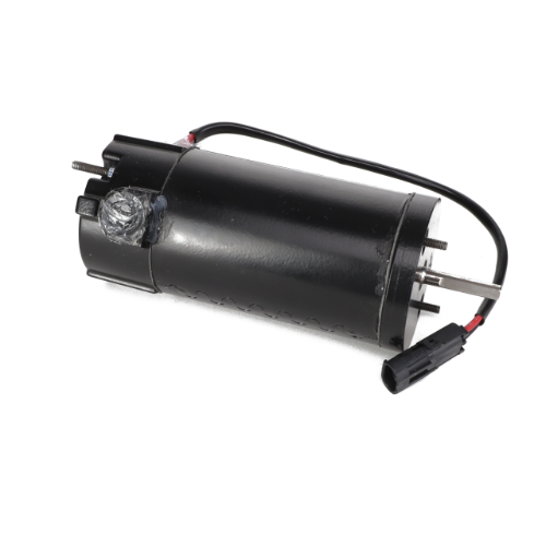 A black cylindrical electric motor, known as the AGCO | ELECTRIC MOTOR - AG516366, featuring attached red and black wires and a connector plug.