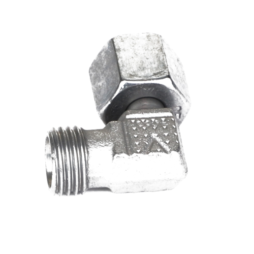 Image of a metal pipe fitting with a right-angle elbow shape, featuring a hexagonal nut on one end and a threaded male connector on the other. This product is the AGCO | Socket - Acp0357730 by AGCO. No current product description available for this product.