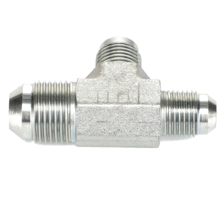The AGCO ADAPTER - AL5028142 is a metal T-shaped pipe fitting with threaded ends, designed for connecting three sections of pipe or tubing. The current product description information is not available for this item.