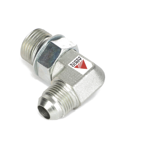 A metallic AGCO elbow fitting, model AG133634, with threaded ends and a prominent AGCO logo on one side.