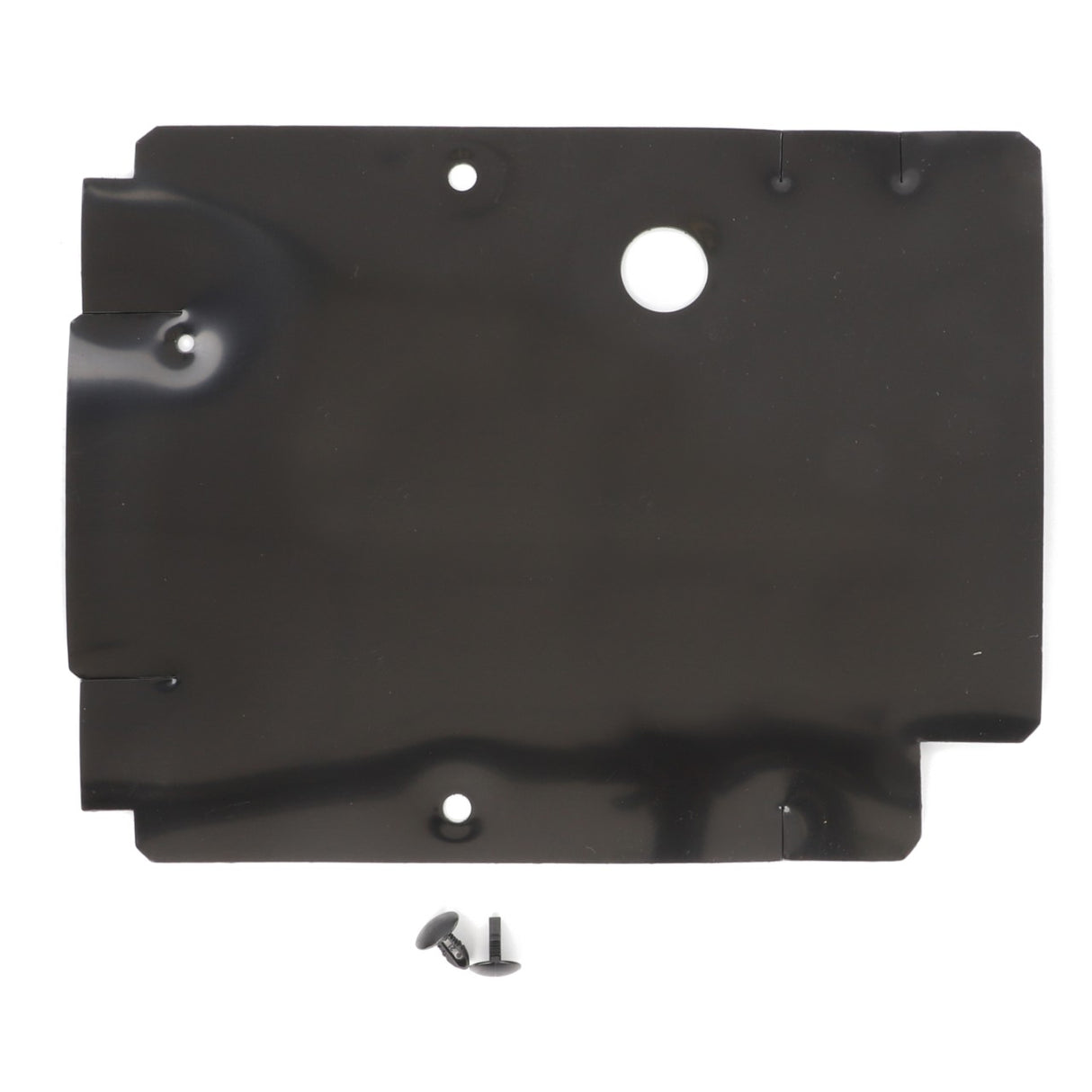 Product: AGCO | Cover, Spring Assembly, Seat - F524500033080
Brand: AGCO
Description: A black rectangular plastic cover featuring a round hole and several notches, accompanied by two metal screws. No current product description available.