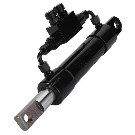 Introducing the AGCO | Hydraulic Cylinder - Fel152997: a black hydraulic cylinder with two adjustment knobs and connecting hardware on top. No current product description available.