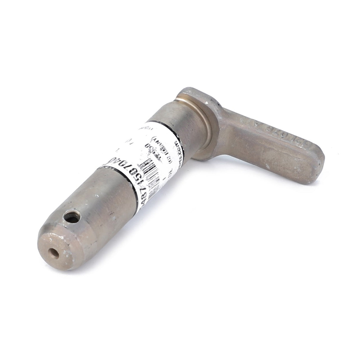 A metal valve from AGCO, the Clevis Pin - F954871507040, features a labeled body and T-shaped lever, with a hole in the cylindrical component for linkage components.