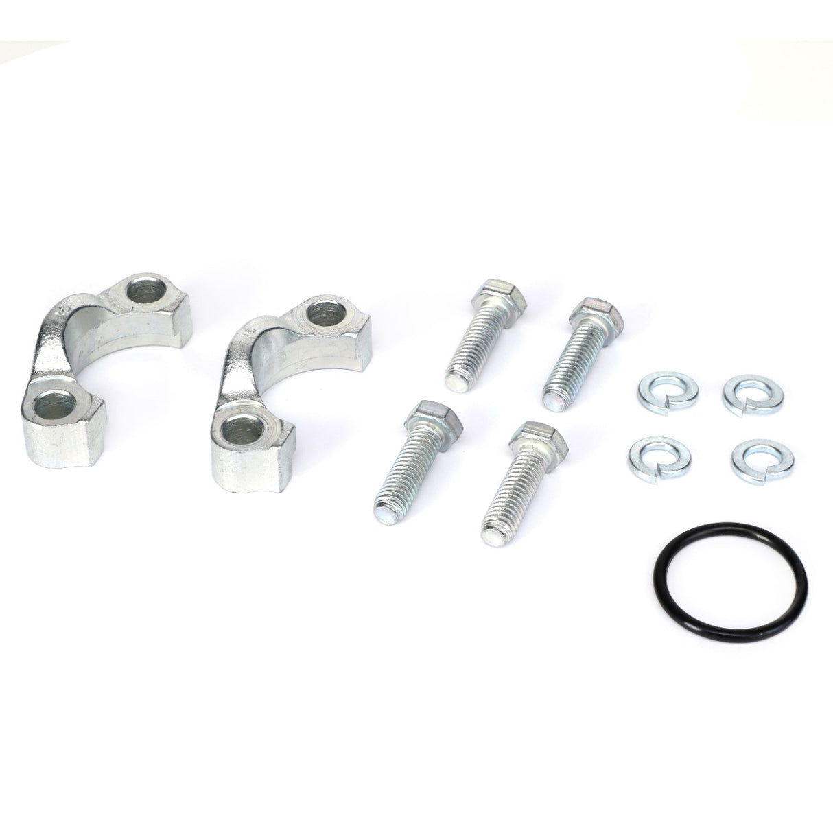 This image shows two metallic clamps, four bolts, four washers, and one O-ring arranged on a white surface. The items displayed are part of the AGCO | SPLIT FLANGE KIT - AG561044 from the brand AGCO.