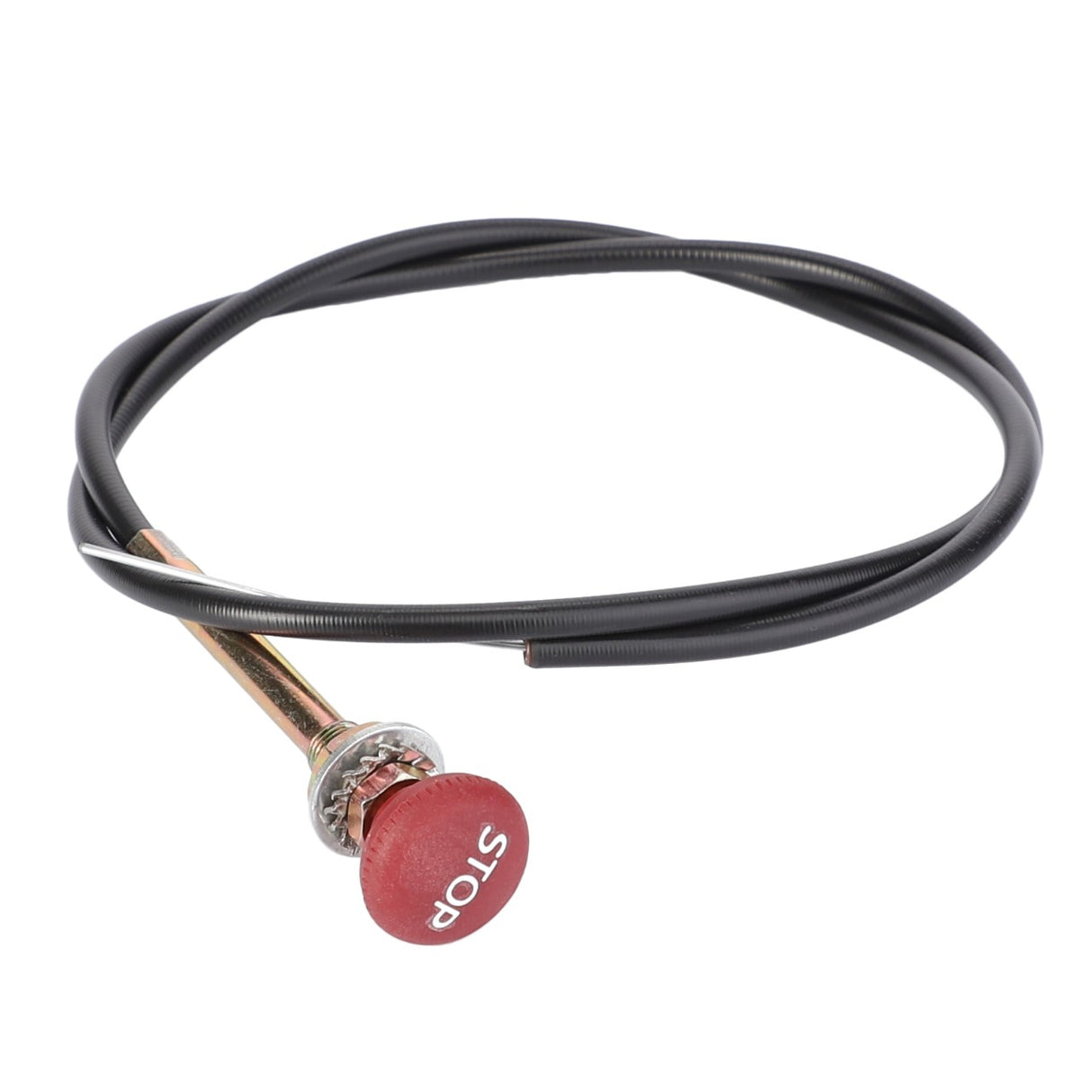 A red stop cable with a black coiled wire attached, known as the AGCO Cable, Stop - Acp0250180.