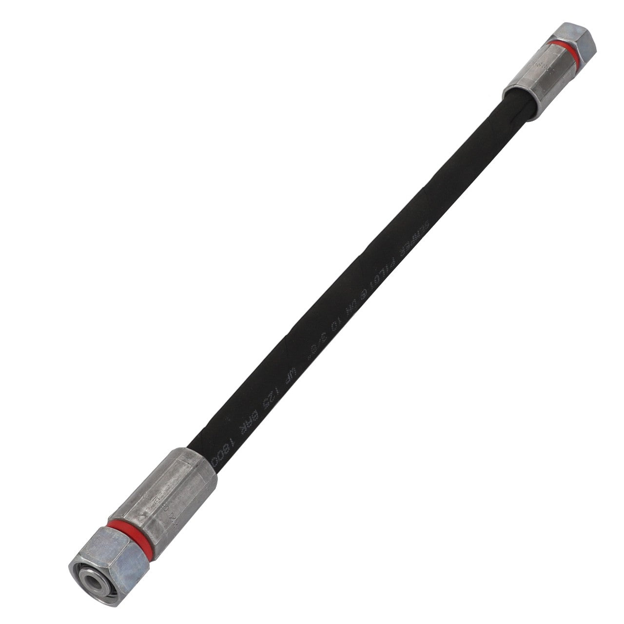 The AGCO flexible hose in black, featuring metal connectors on both ends, is designed for efficient fluid or gas transfer. No current product description information for the AGCO | WARNING DECAL - ACP0544140 is available.