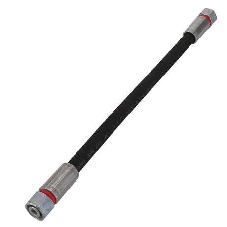 The AGCO flexible hose in black, featuring metal connectors on both ends, is designed for efficient fluid or gas transfer. No current product description information for the AGCO | WARNING DECAL - ACP0544140 is available.