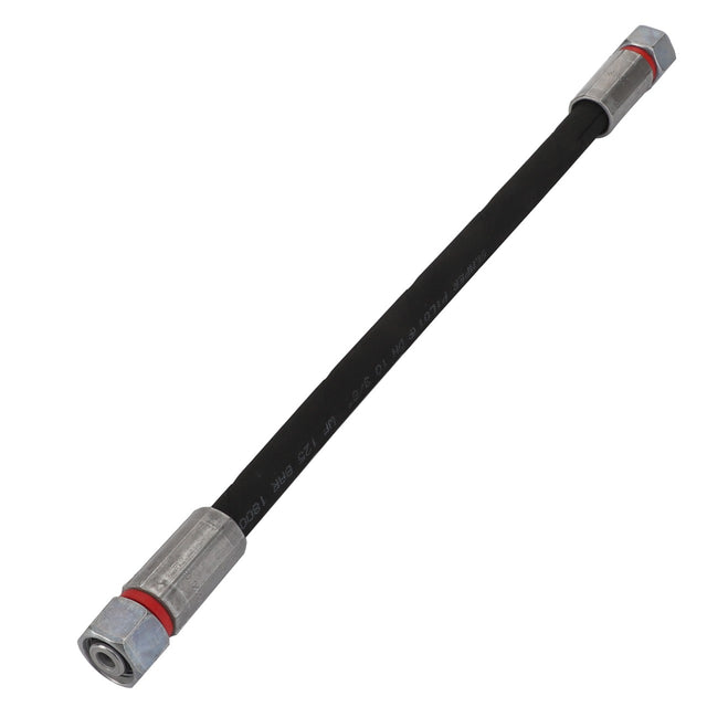 The AGCO flexible hose in black, featuring metal connectors on both ends, is designed for efficient fluid or gas transfer. No current product description information for the AGCO | WARNING DECAL - ACP0544140 is available.