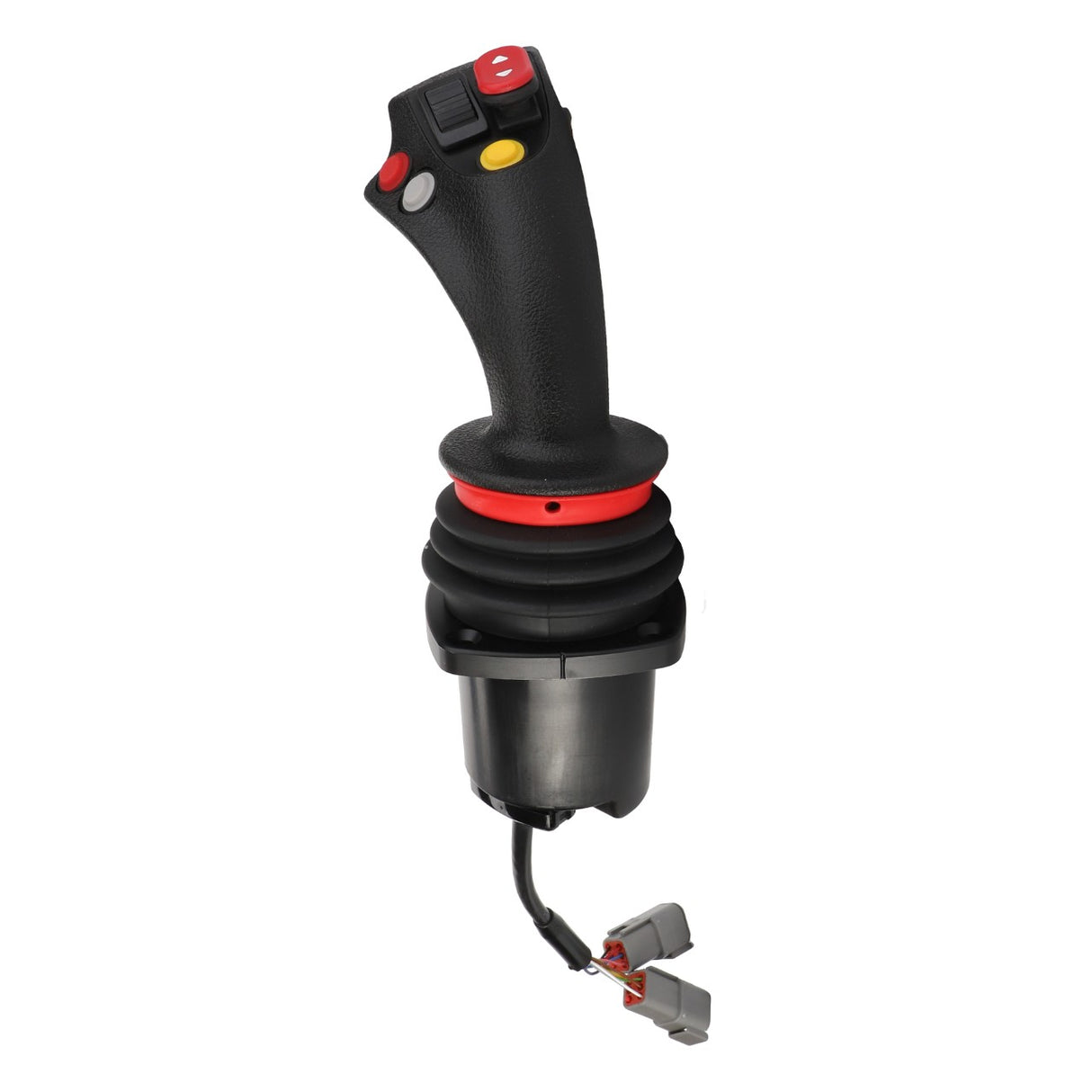 An AGCO joystick featuring several red, yellow, and white buttons, a grip handle, and connected wires at the base.