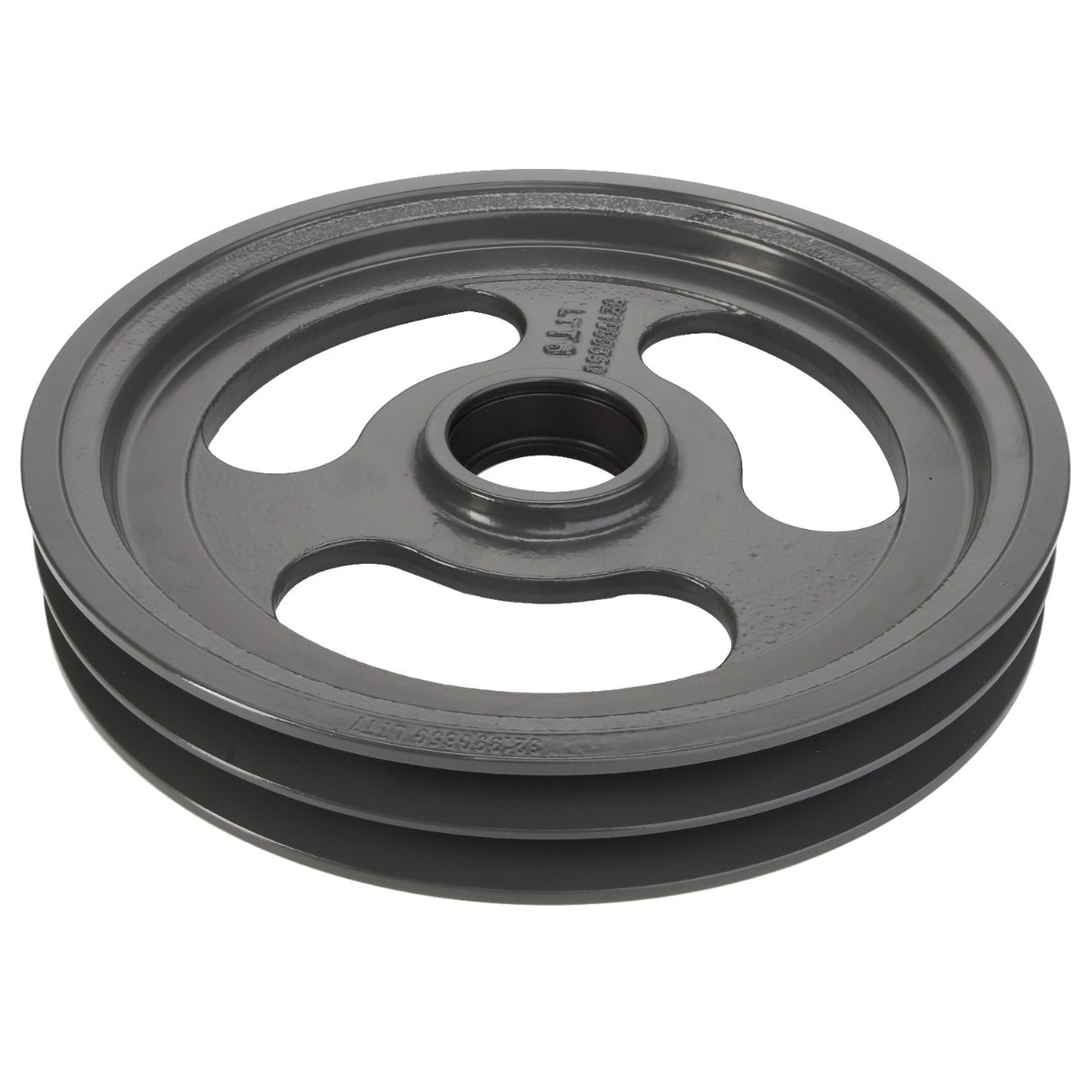 The AGCO Tensioner - La321990850 is a grey metal pulley with three spokes and a central hole. It features a groove around its perimeter designed for optimal belt traction.
