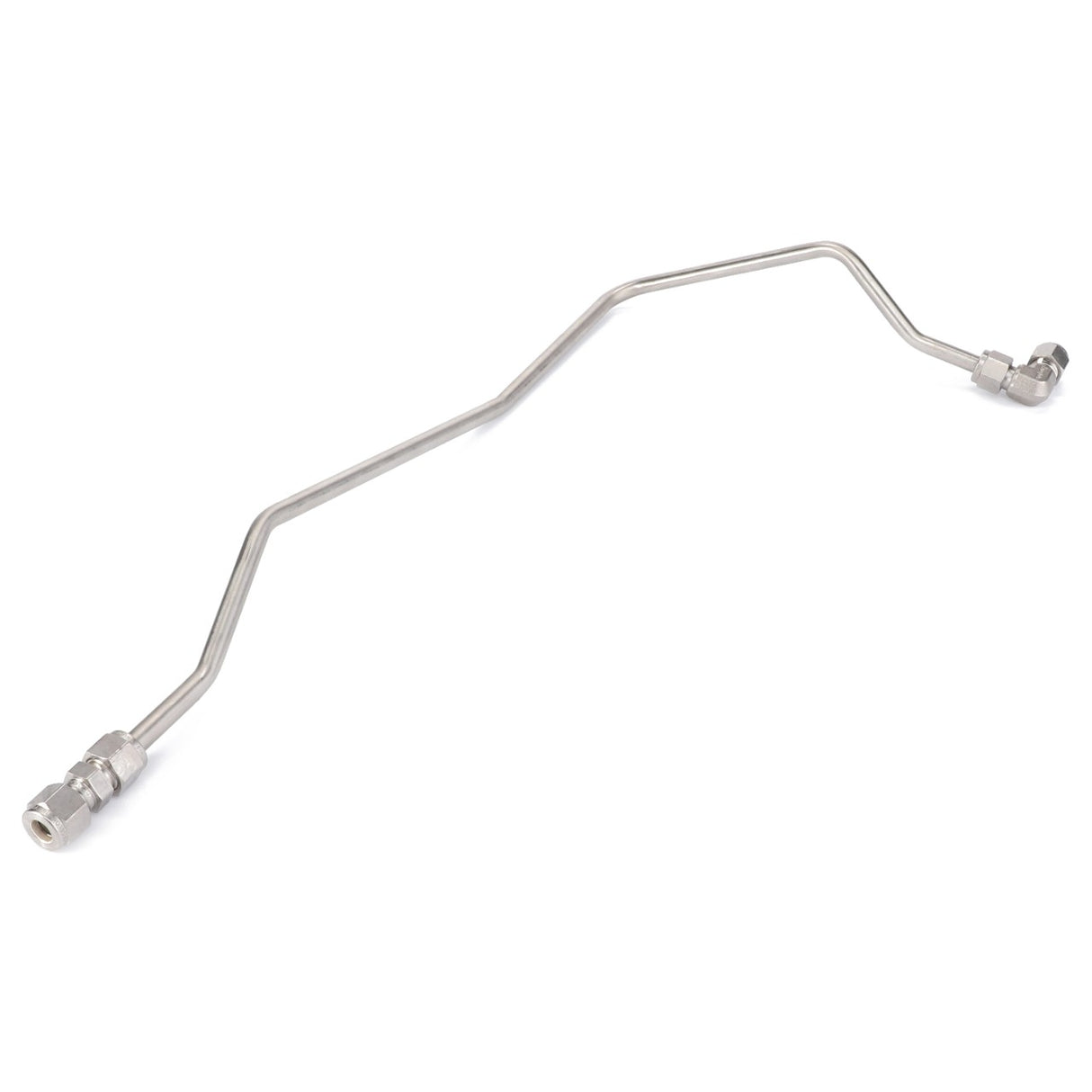 The AGCO Fuel Pipe - 4226911M1 is a metal tube with angled bends and fittings on both ends, designed for fluid or gas transfer in an industrial system, compatible with leading machinery brands like Fendt.