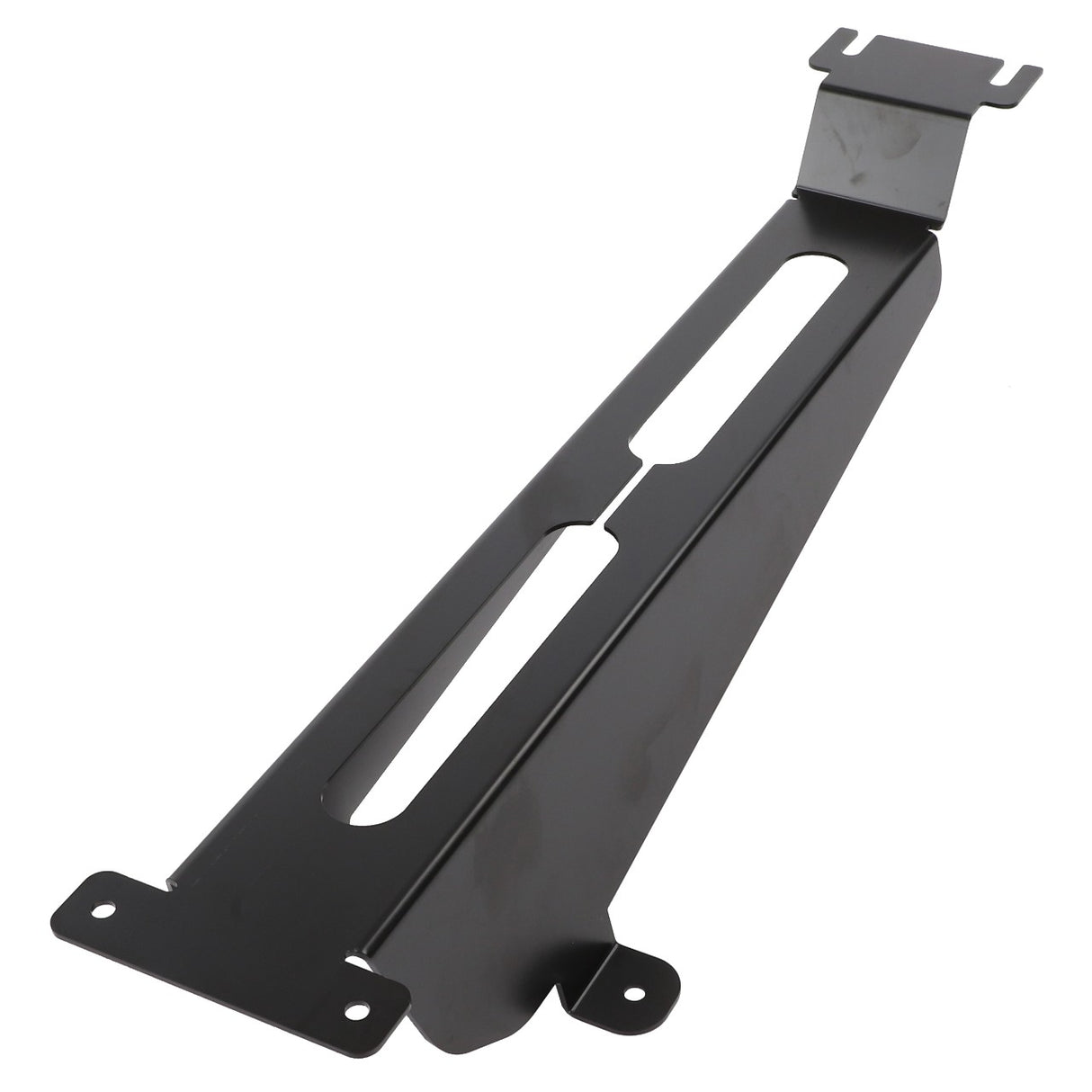 The AGCO Cowl - 4389050M1 is a black metal bracket that includes mounting holes and slots. It has a long, flat midsection with raised ends designed for attachment. No additional product description is available beyond these features from the AGCO brand.