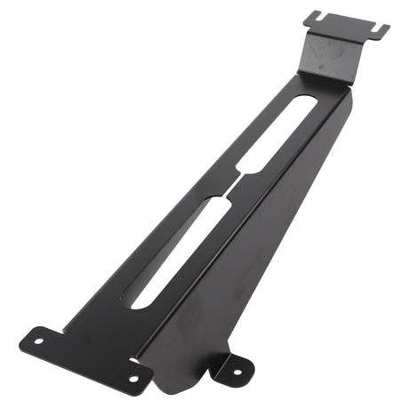 The AGCO Cowl - 4389050M1 is a black metal bracket that includes mounting holes and slots. It has a long, flat midsection with raised ends designed for attachment. No additional product description is available beyond these features from the AGCO brand.