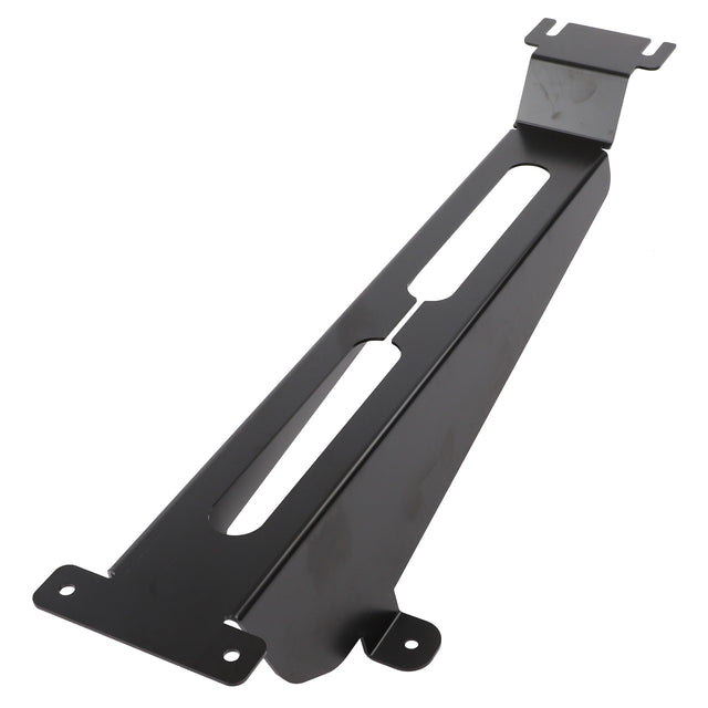 The AGCO Cowl - 4389050M1 is a black metal bracket that includes mounting holes and slots. It has a long, flat midsection with raised ends designed for attachment. No additional product description is available beyond these features from the AGCO brand.