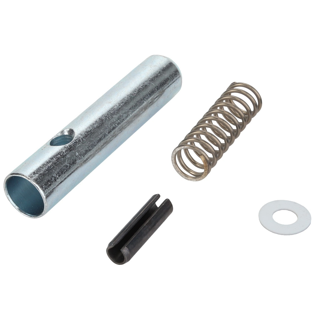 The AGCO | - F718501071010 comprises a disassembled metal pin setup featuring a hollow cylindrical pin with a hole, a coiled spring, a split pin, and a flat washer. No current product description information available.