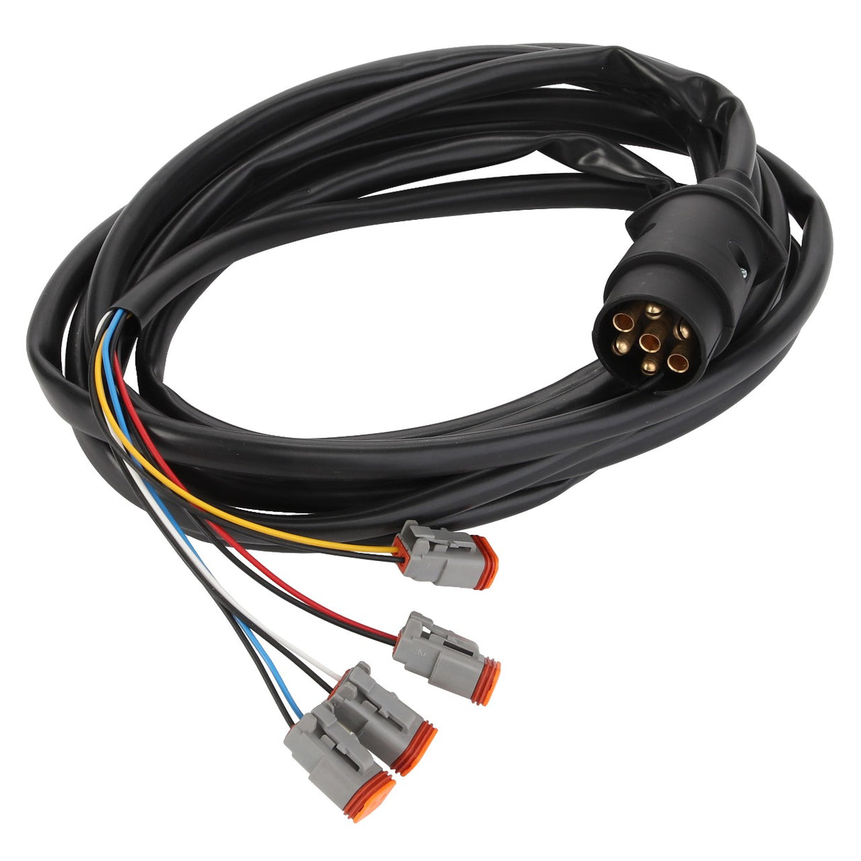 The AGCO | Cable - Acp0294640 from AGCO features a coiled black design with a multi-pin connector on one end and six colored wires with three gray and orange connectors on the other end. No current product description available.