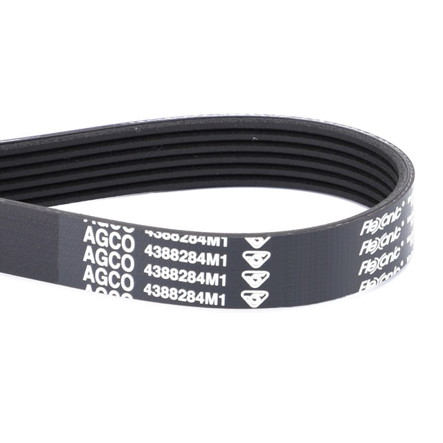 A black AGCO Serpentine Belt with the code "4388284M1" in white text, featuring a Pk6 profile, suitable for various Massey Ferguson models.