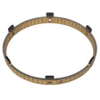 The AGCO | Cone - 3902682M1 is a circular metal ring featuring evenly spaced rectangular tabs on the inner edge, evocative of a Massey Ferguson component. It has a small hole on its edge and exhibits slight surface wear.